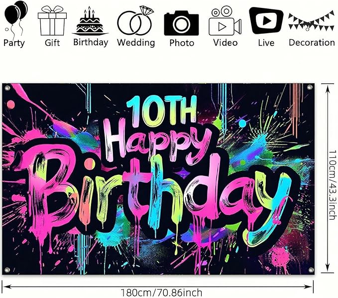 Neon 10th Happy Birthday Banner 71x43 Inch Paint Splatter Glow in The Dark Party Backdrop Colorful Wall Decor for Kids Boys Girls Tenth Birthday Celebrations Photo Booth Event Supplies partyjju`sexclusive