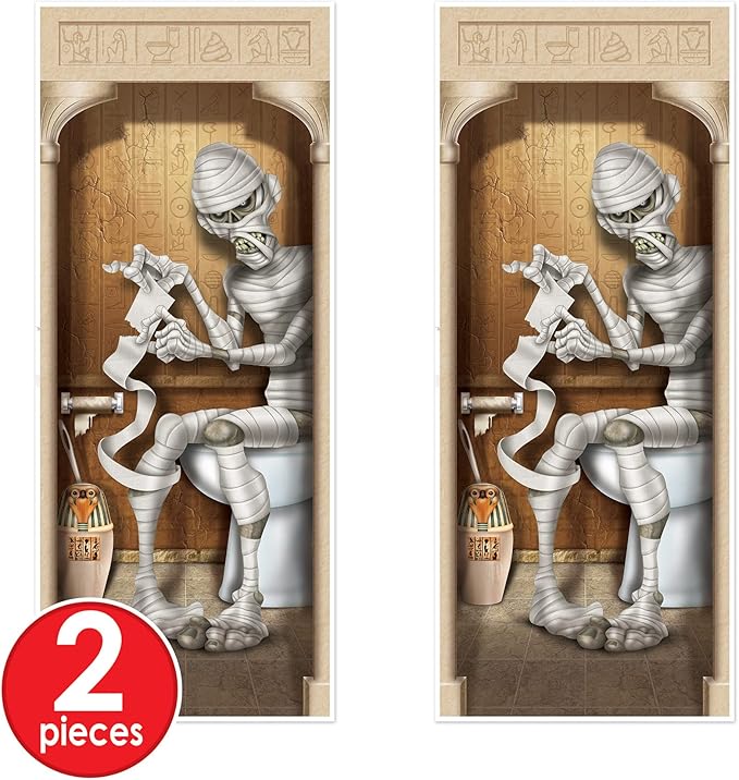 Beistle 2-Pack Mummy Restroom Door Covers, Spooky Halloween Bathroom Decorations, All-Weather Plastic for Haunted House and Trick-or-Treat, 5’ x 30”