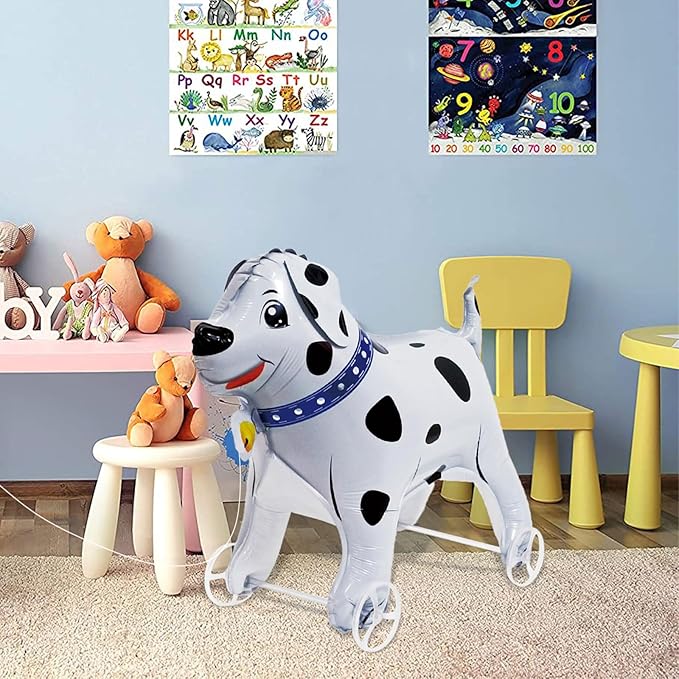 Walking Dalmatian Dog Foil Balloons With Wheels Standing Pet Dalmatian Animal Balloon Cute Dog Mylar Balloons for Jungle Safari Baby Shower Animal Theme Birthday Party Decorations Supplies