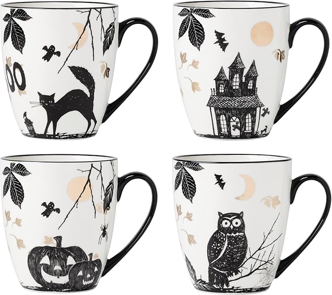 Lenox Coffee Mugs, Vintage Haunted Halloween 12 Oz Mugs Set of 4, Porcelain, Assorted Drinkware Set, Spooky Fall Decor, Dishwasher Safe, Microwave Safe, Halloween Decor Indoor (White/Black 4 Piece)