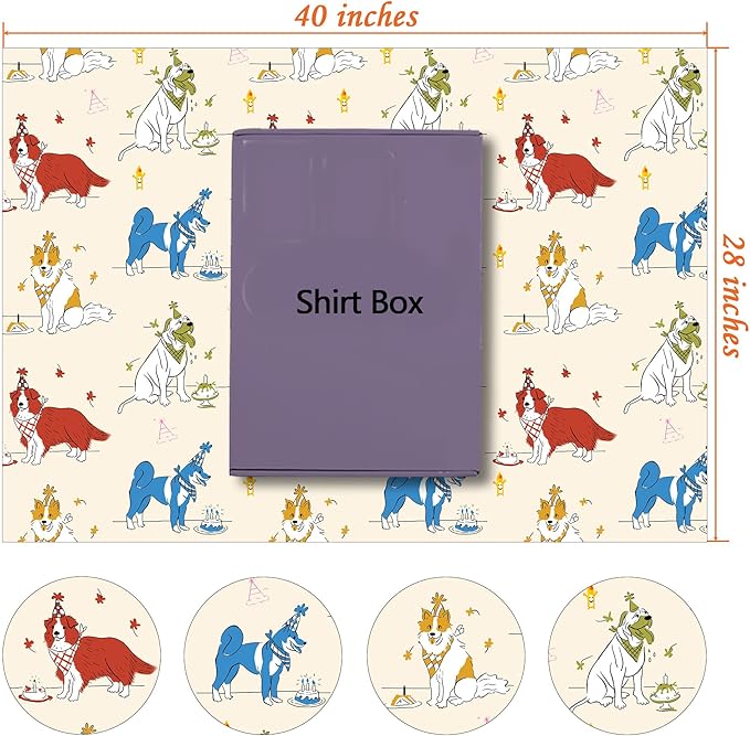 RiukRaiu Dog Wrapping Paper for Birthday - Yellow Gift Wrap Dessert Cake Candles Birthday Hat Akita Corgi Shepherd for Party, Holiday – 4 Folded Sheets 28 X 40 Inch, Easy to Store