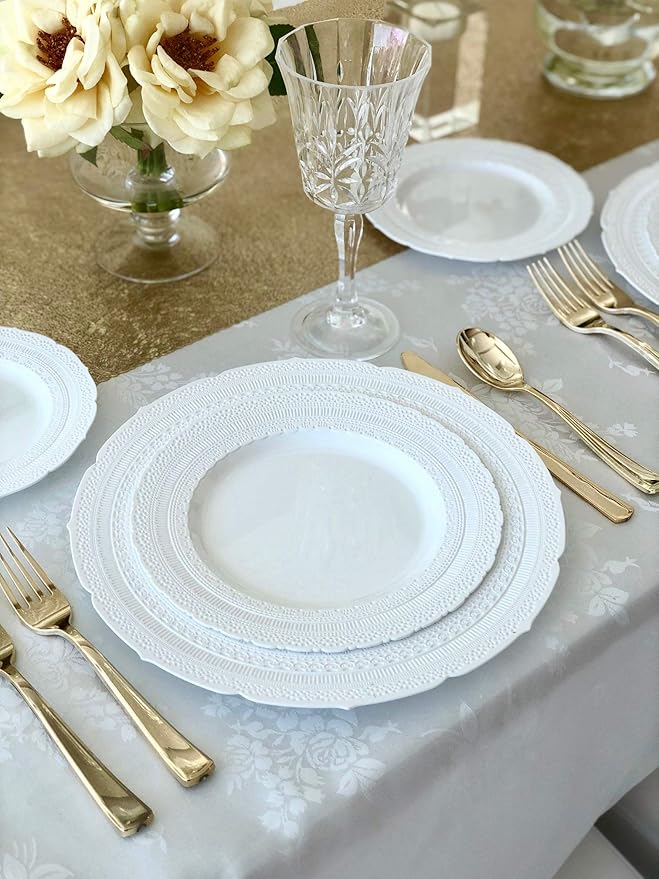" OCCASIONS " 120 Plates Pack,(60 Guests) Extra Heavyweight Vintage Wedding Disposable/Reusable Plastic Plates 60 x 11'' Dinner + 60 x 8.25'' Salad/Dessert Plate (Chateau White)