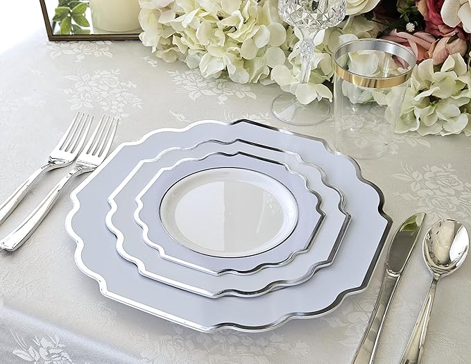 " OCCASIONS " 150 Piece set (25 Guests)-Wedding Plastic Plates & cutlery -Disposable heavyweight Dinnerware 10.5'',8''+Silverware w/double fork (Imperial in White/Baby Blue & Silver)