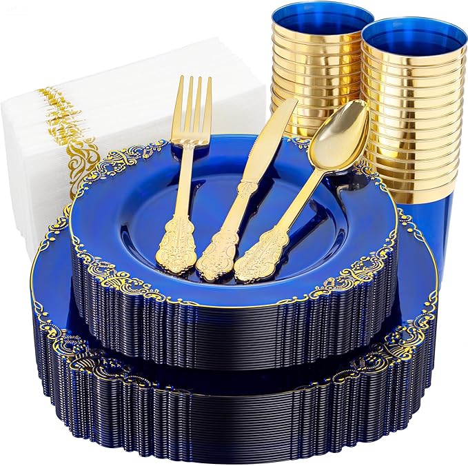 Nervure 175PCS Clear Blue Plastic Plates - Plastic Dinnerware Set Include 25Dinner Plates, 25Dessert Plates, 25Cups, 25Forks, 25Knives, 25Spoons, 25Napkins Perfect for Wedding & Party