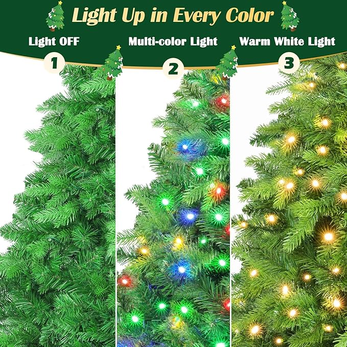 6.5FT Pre-Lit Artificial Christmas Tree with Remote, 340 LED Lights 1036 Branch Tips Xmas Tree, Musical Rotating Christmas Tree Base for Holiday