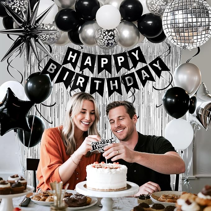 23rd Birthday Decorations for Men Women, Black Silver Happy Birthday Party Decorations， 23 Year Old Party Supplies with Number 23 Balloons, Banner, Fringe Curtains Kit