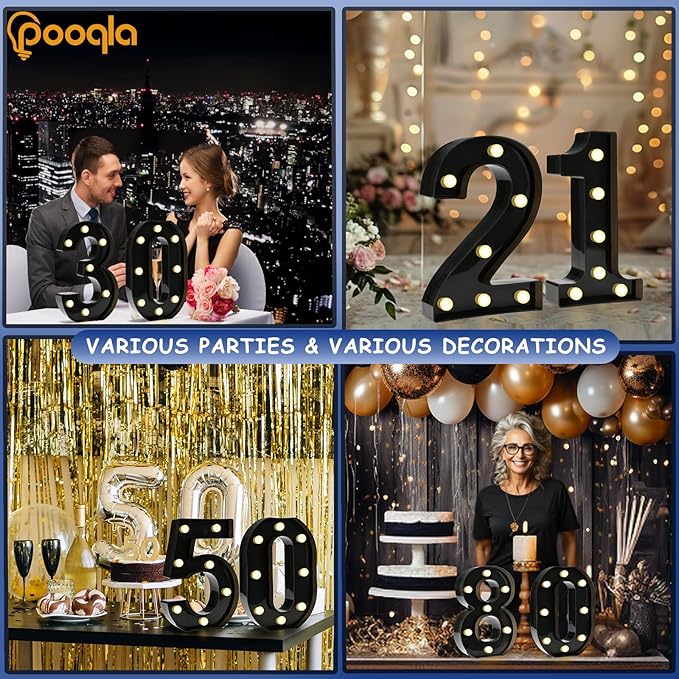Pooqla Decorative Led Light Up Number Letters, Black Plastic Marquee Number Lights Sign for 15th Birthday Party Wedding Decor Battery Operated Black Decoration 15