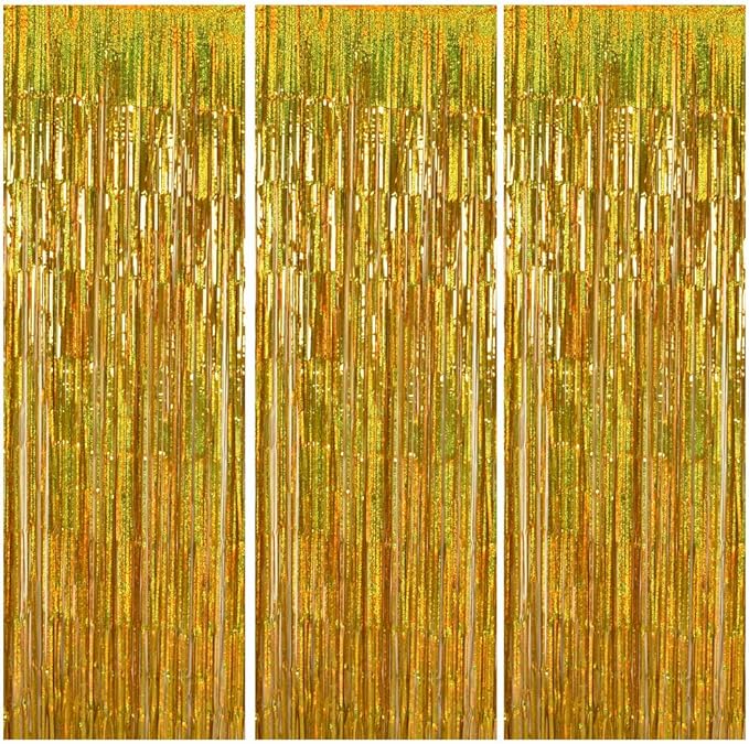 TONIFUL 3Pcs Laser Gold Door Streamers, Metallic Foil Fringe Curtains for Birthday, Christmas, New Year, Bachelorette, Graduation Parties (9.9ft x 6.6ft)