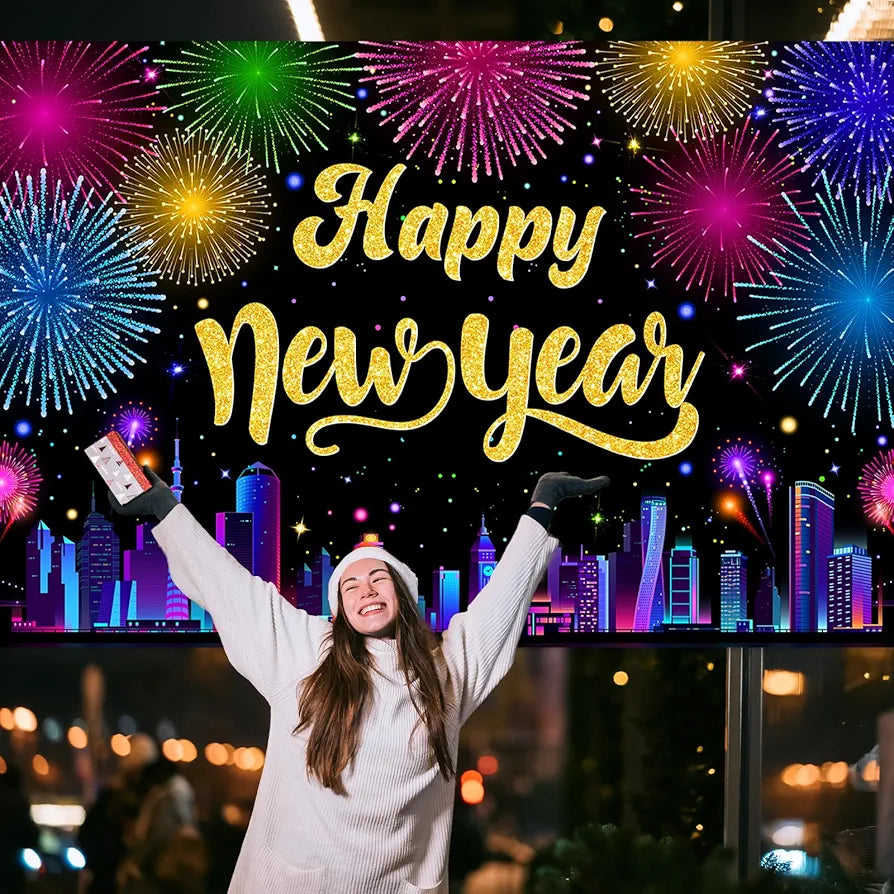 Avezano 2026 Happy New Year Banner Multicolor Happy New Years Eve Party Decorations Fireworks Cityscape New Year Party Backdrop NYE Party Supplies 