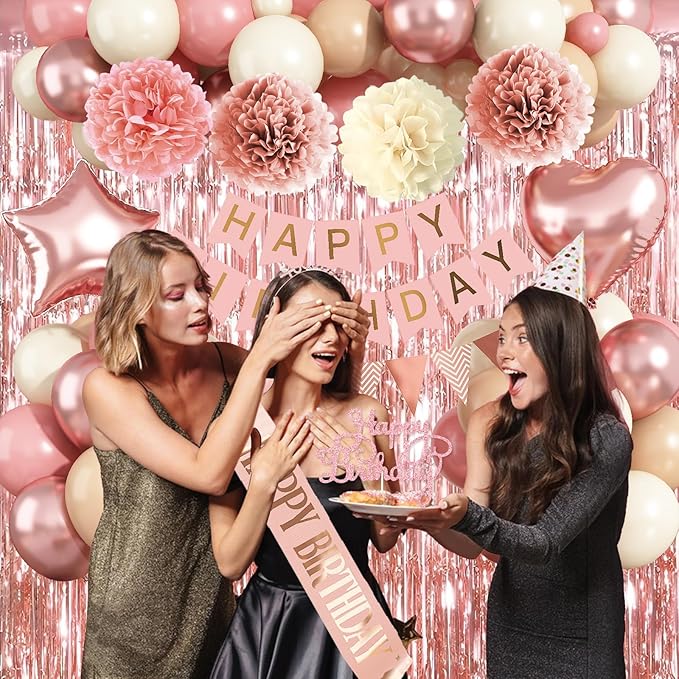 Blush Pink Birthday Decorations, Rose Gold Nude Party Décor with Foil & Latex Balloons Sash Fringe Curtains Happy Birthday Banner Cake Topper Paper Pompoms Party Decor for Women Girl