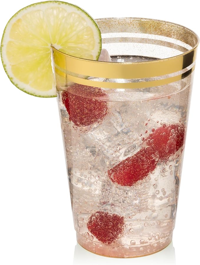 Perfect Settings 100 Premium 14oz Hard Plastic Cups Clear Glitter Gold Plastic Double Line Rimmed Cups Fancy Disposable Wedding Cups Elegant Party Cups with Twin Colored Rim (Glitter Gold Rim, 14)