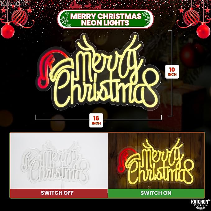 KatchOn, Large Merry Christmas Neon Signs - 16x10 Inch | Window Christmas Decorations Indoor | Xmas Party Decorations, Holiday Decor | Santa Hat Sign USB Powered LED Lights