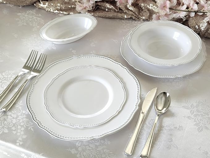 " OCCASIONS " 50 Plates Pack (25 Guests)-Heavyweight Wedding Party Disposable Plastic Plate Set -25 x 10.25'' Dinner + 25 x 7.5'' Salad/dessert plates (Rochelle White and Silver)