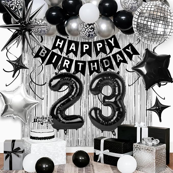 23rd Birthday Decorations for Men Women, Black Silver Happy Birthday Party Decorations， 23 Year Old Party Supplies with Number 23 Balloons, Banner, Fringe Curtains Kit
