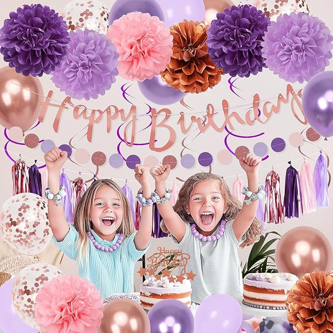 Upgraded Rose Gold Purple Birthday Party Decorations Kit with Happy Birthday Banner,Swirls Garlands,Tissue Paper Pompoms,Circle Dots Garland,Tassel Garland,DIY Cake Topper