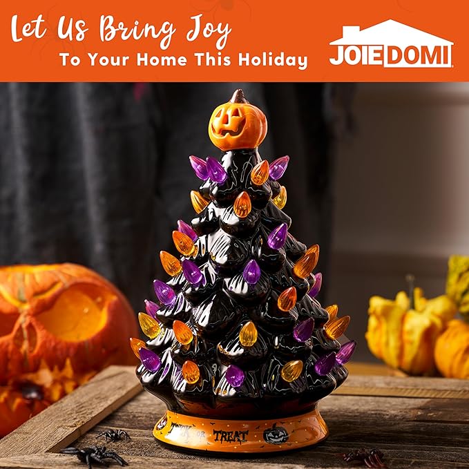 JOYIN 8.5 Inch Halloween Ceramic Tree Black Christmas Tree with Orange Pumpkin Over Multicolor Bulbs LED Light Up Battery Operated Light Up Halloween Decorations for Indoor Party Decor Gifts