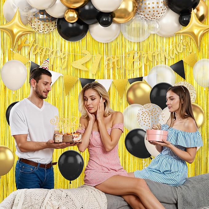 21st Birthday Decorations Beige Black Gold, 21st Birthday Balloons, Glitter 21st Birthday Banner with Fringe Curtain Cake Toppers Number 21 Star Foil Balloon for Boys 21 Year Old Party Decorations