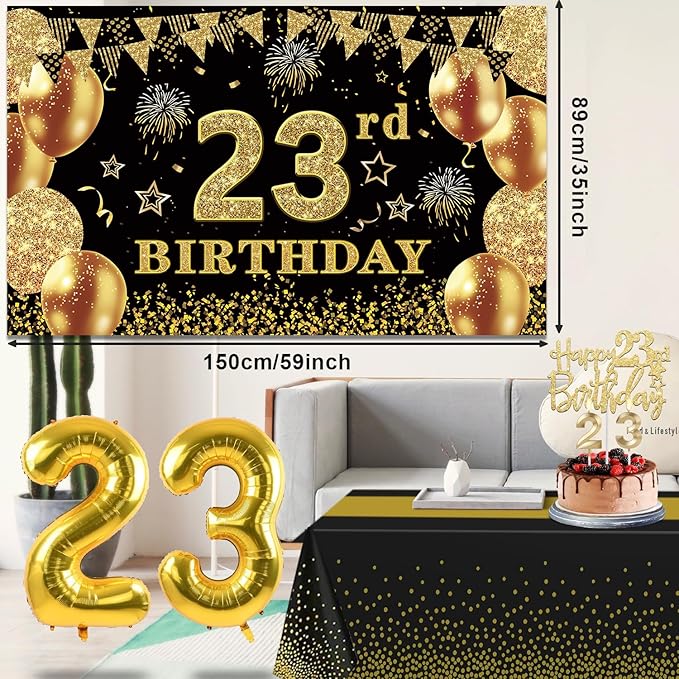 23rd Birthday Decorations Men Women with 23rd Birthday Banner, Black and Gold Table Cloth, Number Balloons, Large Sash, Cake Topper and Candles