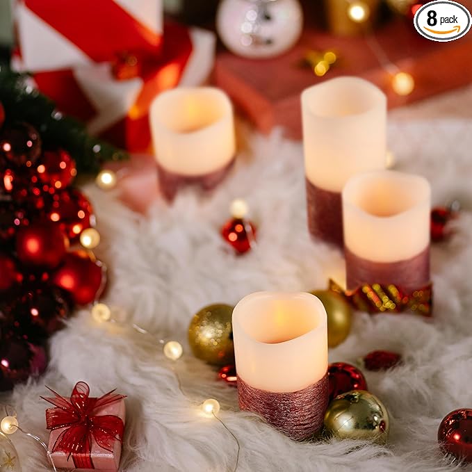 FURORA LIGHTING Red Real Wax Trim Candles with Remote and Timer, Pack of 8 Pillar & Votive Candles, LED Flameless Flickering Candles for Home Décor, Battery Included