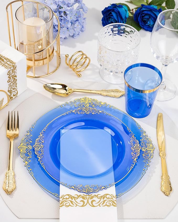 Nervure 175PCS Clear Blue Plastic Plates - Plastic Dinnerware Set Include 25Dinner Plates, 25Dessert Plates, 25Cups, 25Forks, 25Knives, 25Spoons, 25Napkins Perfect for Wedding & Party