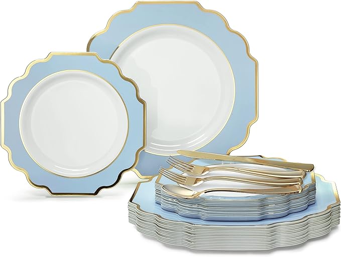 OCCASIONS 720 Pcs set (120 guest) Wedding Disposable Plastic Plate and Silverware Combo 10.5" + 8" + Silverware (Double Fork) (Imperial in White/Blue & Gold Rim, Gold Silverware)
