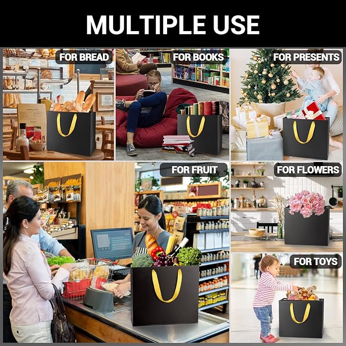 EUSOAR Large Black Golden Handles Shopping Bags, 20 Pack 12.5x4.5x11 inches Gift Wrap Bags Handles Bulk, Merchandise Retail Wrapping Bags for Business, Craft Grocery, Wedding