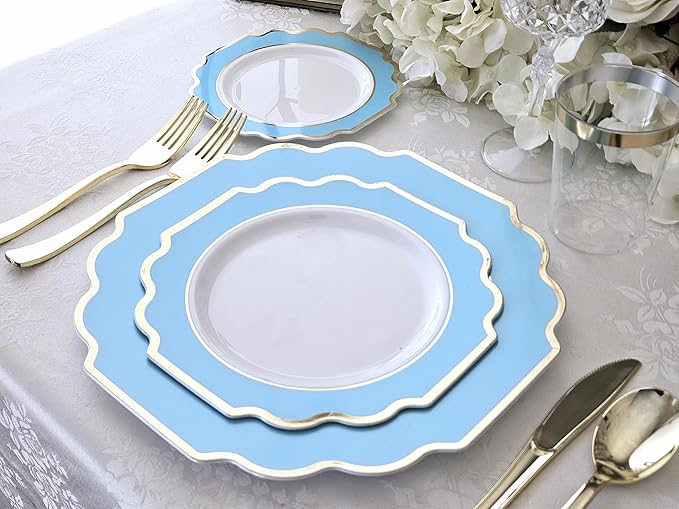 " OCCASIONS " 120 Plates Pack,(60 Guests) Heavyweight Wedding Party Disposable Plastic Plates -60 x 10.5'' Dinner + 60 x 8'' Salad/Dessert Plate (Imperial Aqua/Gold))