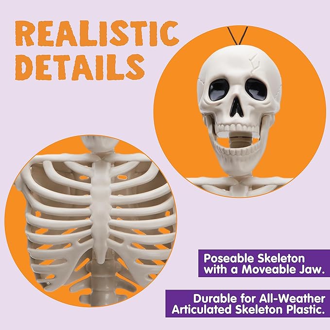 JOYIN 10 PCS 16" Halloween Skeleton Decor, Full Body Stayable Movable Joints, Posable Hanging Skeletons for Halloween Decoration, Yard, Graveyard, Haunted House Props, Spooky Scene Party Favor