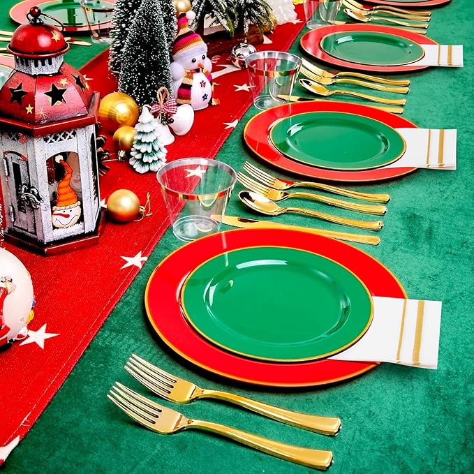 SUT 350pcs Green and Red Plastic Plates For 50 Guests, Plates Disposable Heavy Duty, Plastic Plates Disposable, Party Plates And Cups And Napkins Sets, Disposable Plates for Party and Wedding