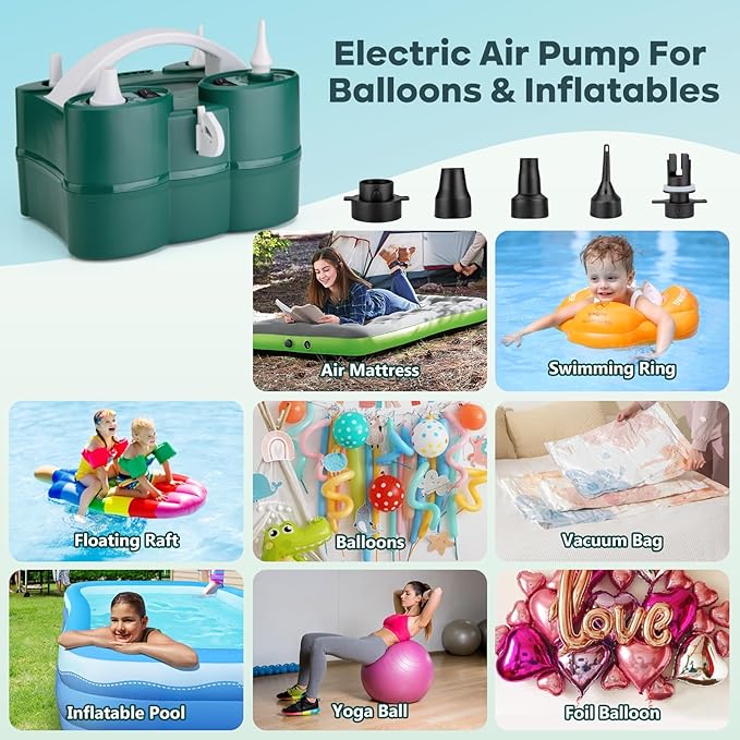 Balloon Pump Electric, 3-in-1 Portable Automatic Dual Nozzle Inflator 110V with Tying Tools for Birthday Gender Reveal Baby Shower Balloons Party Decorations(Green)