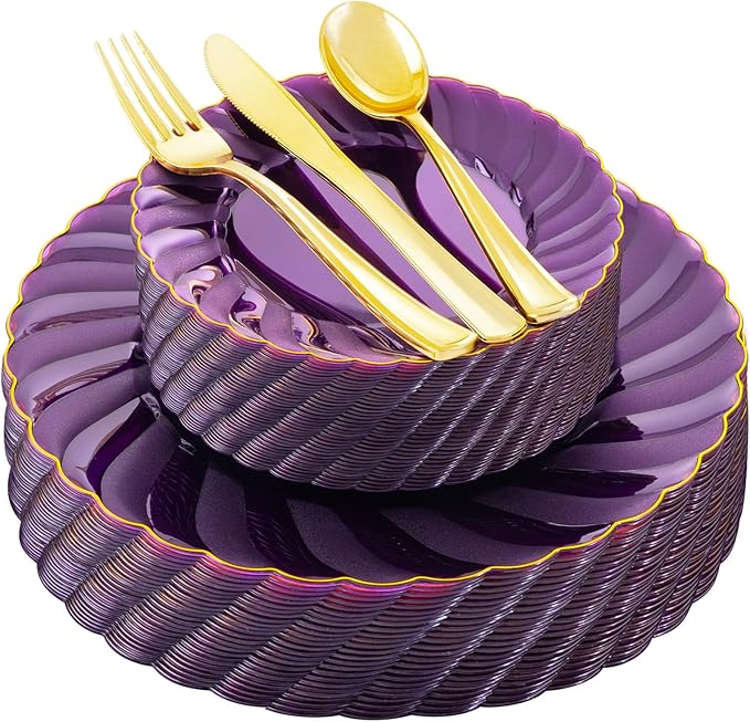 YOUBET 125PCS Purple Plastic Dinnerware Set - Gold and Clear Purple Disposable Plates Include 50 Plastic Plates 75 Silverwares for Wedding Birthday Parties