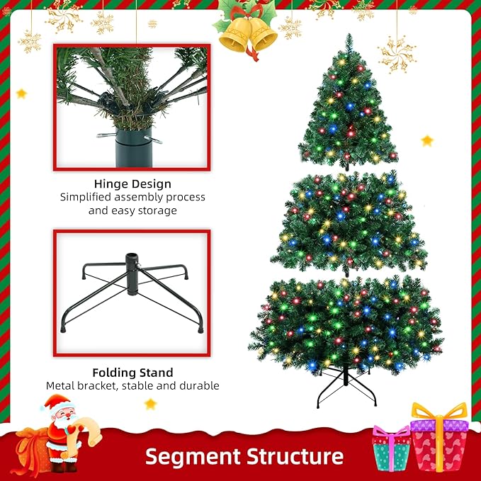 7.5ft Pre-Lit Christmas Tree, 470 LED Warm White & Multicolour Lights, 1420 PVC Branch Tips, Remote Control, 10 Lighting Modes, Foldable Metal Stand, Holiday Decor
