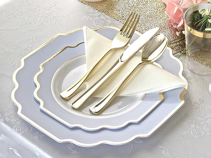 " OCCASIONS " 120 Plates Pack,(60 Guests) Heavyweight Wedding Party Disposable Plastic Plates Set -60 x 10.5'' Dinner + 60 x 8'' Salad/Dessert Plate (Imperial in White/Blue & Gold)