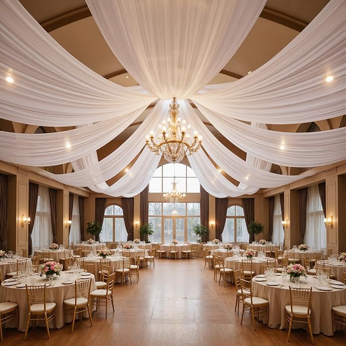 30ft×10ft White Ceiling Drapes for Weddings Events Wrinkle-Free Polyester Ceiling Backdrop for Ten Canopy Church Stage Bedroom Decor 6 Panels 5×10ft