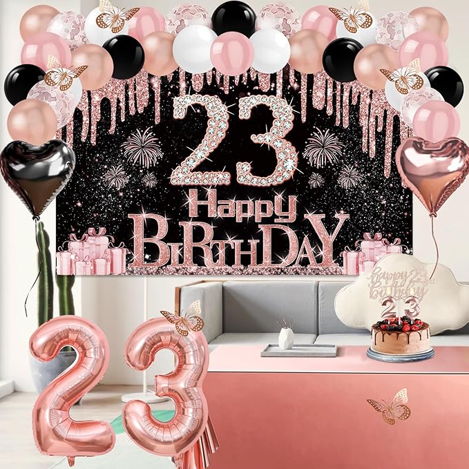 23rd Birthday Decorations for Her, 49pcs Black Rose Gold Black Banner, Tablecloth, Butterfly Decor, 23rd Birthday Sash and Tiara, Cake Topper, Candles, Balloons Arch