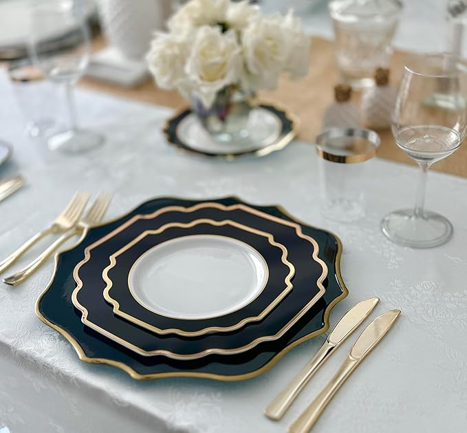 " OCCASIONS " 120 Plates Pack,(60 Guests) Heavyweight Premium Wedding Party Disposable Plastic Plates Set -60 x 10.5'' Dinner + 60 x 8'' Salad/Dessert (Imperial in Black & Gold)