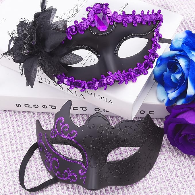 SIQUK Couple Masquerade Masks Set Venetian Party Mask Plastic Halloween Costume Mask Mardi Gras Mask for Women and Men