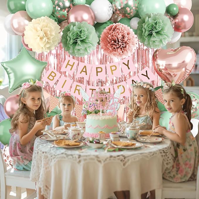 Rose Gold and Sage Green Birthday Decorations, Retro Avocado Green Party Décor with Foil & Latex Balloons Sash Fringe Curtains Happy Birthday Banner Cake Topper Paper Pompoms Decor for Women Girl