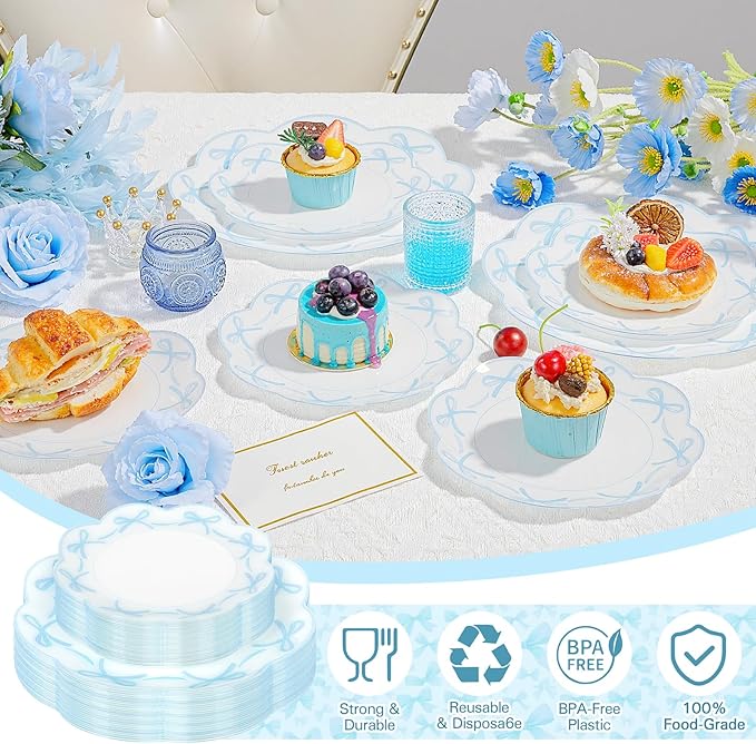 LIYH 60 Pcs Blue Bow Plastic Plates for Party - Blue Bow Knot Scalloped Plastic Plate Disposable Plates Set for Wedding Bridal Shower - 10.25" Dinner & 7.5" Dessert Plate