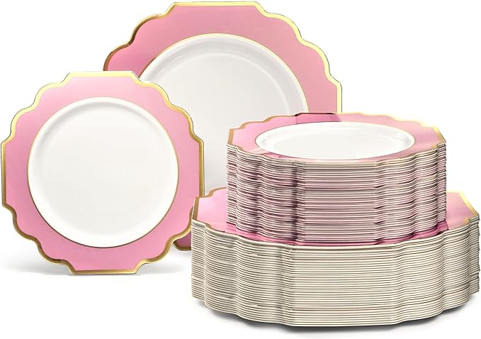 " OCCASIONS " 120 Plates Pack,(60 Guests) Heavyweight Premium Wedding Party Disposable Plastic Plates Set -60 x 10.5'' Dinner + 60 x 8'' Salad/Dessert(Imperial in Light Pink & Gold)