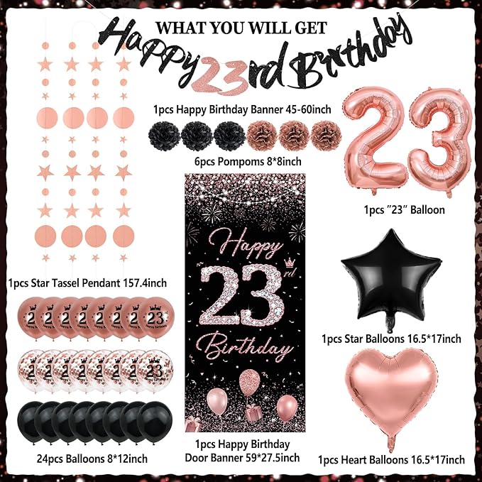 23rd Birthday Decorations for women, TSVATE Rose Gold Happy 23rd Birthday Decorations, Happy 23 rd Banner, Twenty Three Backdrop for Yard Door Wall, 23 Balloons, Pompoms, Star Streamer