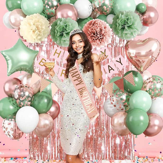 Rose Gold and Sage Green Birthday Decorations, Retro Avocado Green Party Décor with Foil & Latex Balloons Sash Fringe Curtains Happy Birthday Banner Cake Topper Paper Pompoms Decor for Women Girl