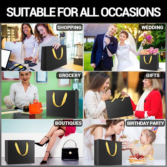 EUSOAR Large Black Golden Handles Shopping Bags, 20 Pack 12.5x4.5x11 inches Gift Wrap Bags Handles Bulk, Merchandise Retail Wrapping Bags for Business, Craft Grocery, Wedding