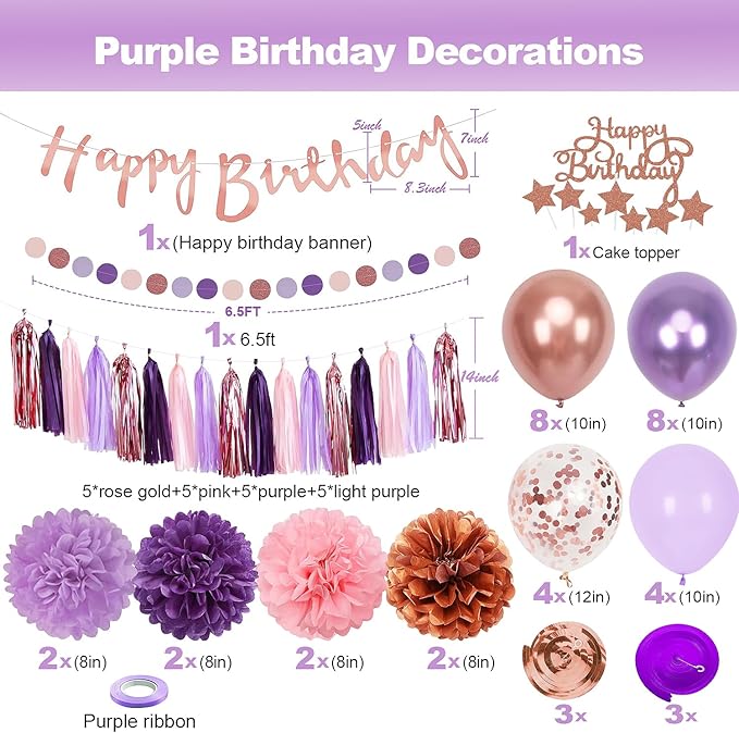Upgraded Rose Gold Purple Birthday Party Decorations Kit with Happy Birthday Banner,Swirls Garlands,Tissue Paper Pompoms,Circle Dots Garland,Tassel Garland,DIY Cake Topper