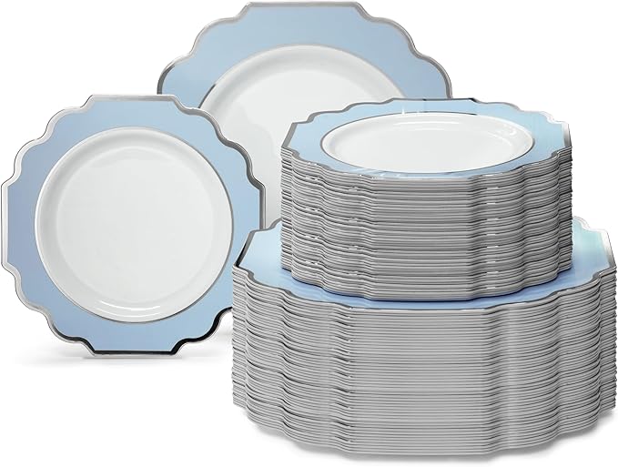 " OCCASIONS " 120 Plates Pack,(60 Guests) Heavyweight Premium Wedding Party Disposable Plastic Plates Set -60 x 10.5'' Dinner + 60 x 8'' Salad/Dessert (Imperial in White/Blue & Silver)