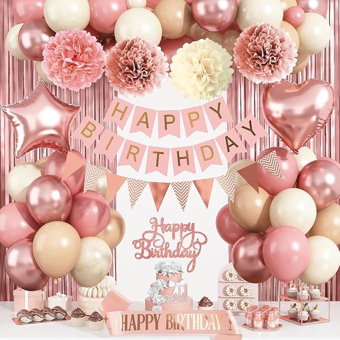 Blush Pink Birthday Decorations, Rose Gold Nude Party Décor with Foil & Latex Balloons Sash Fringe Curtains Happy Birthday Banner Cake Topper Paper Pompoms Party Decor for Women Girl