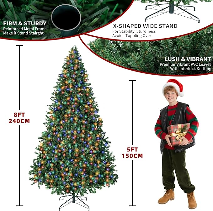 8FT Christmas Tree with Lights,Artificial Christmas Tree with 750 LED Lights and 2168 Branch Tips,Xmas Tree with Foldable Stand Perfect for Indoor&Outdoor,Christmas Decoration for Party by DNKMOR