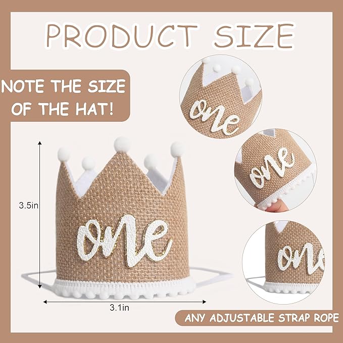 KOJIN 1 St Linen Birthday Hat For Boy - 1st Natural Decor Birthday Hat, Retro Style White Cake Smash Photo Prop