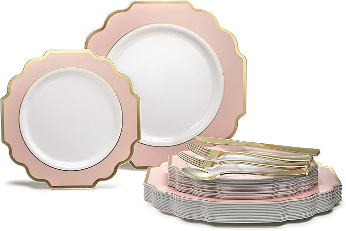 " OCCASIONS " 150 Piece set (25 Guests)-Wedding Plastic Plates & cutlery -Disposable heavyweight Dinnerware 10.5'', 8'' + Silverware w/double fork (Imperial in Blush Pink & Gold)