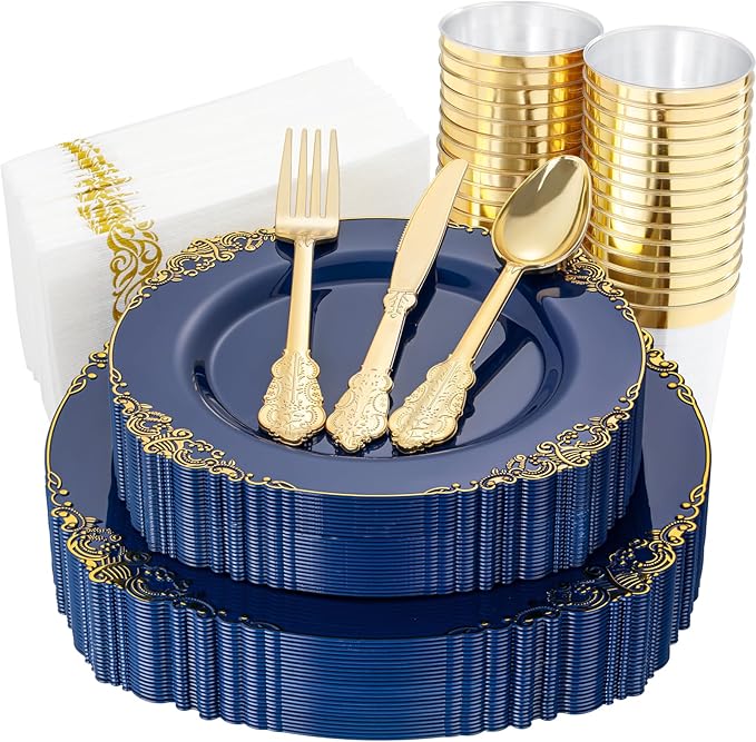 Nervure 175PCS Blue Plastic Plates - Blue Gold Plastic Dinnerware Set Disposable Include 50 Plates for Dinner and Dessert, 25Knives, 25Spoons, 25Forks, 25Cups, 25Napkins for Weddings & 4th of July
